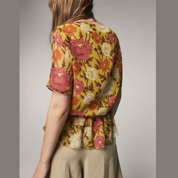 Silk Massimo Dutti Floral Printed Tie-Waist Ruffle Short Sleeve Blouse (NWT) - Picture 5 of 6